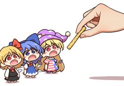 Rule 34 | 1other, 3girls, american flag dress, american flag legwear, ascot, black skirt, black vest, blonde hair, blue bow, blue dress, blue eyes, blue hair, blush stickers, bow, cirno, clownpiece, commentary, detached wings, dress, fairy, fairy wings, feeding, food, hair bow, hair ribbon, hat, highres, holding, holding food, ice, ice wings, jagariko, jester cap, long hair, long sleeves, mini person, minigirl, multiple girls, neck ruff, open mouth, pinafore dress, polka dot, purple hat, red ascot, red eyes, red ribbon, ribbon, rumia, shadow, shitacemayo, short sleeves, skirt, skirt set, sleeveless, sleeveless dress, star (symbol), star print, striped clothes, striped dress, team 9 (touhou), touhou, vest, wings