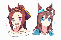 Rule 34 | 2girls, :d, absurdres, ahoge, alternate costume, appleq, blue eyes, brown hair, casual, commentary request, cropped shoulders, ear ornament, flower in eye, gold hairband, hairband, highres, hood, hoodie, horse girl, long hair, looking at viewer, metal hairband, mihono bourbon (umamusume), multiple girls, notice lines, off-shoulder shirt, off shoulder, open clothes, open hoodie, open mouth, pink eyes, ponytail, portrait, sakura bakushin o (umamusume), shirt, side-by-side, simple background, smile, straight hair, symbol in eye, umamusume, white background