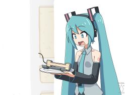 1girl aqua_eyes aqua_hair aqua_necktie artist_logo artist_name black_sleeves bomb cake collared_shirt commentary d: detached_sleeves digiral english_commentary everything_is_cake_(meme) explosive food grey_shirt hair_ornament hands_up hatsune_miku headphones highres holding holding_plate long_hair long_sleeves looking_at_object meme necktie open_mouth pipe_bomb plate shirt simple_background sleeveless sleeveless_shirt solo twintails vocaloid white_background wide_sleeves