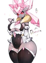 Rule 34 | 1girl, black dress, black thighhighs, breasts, chest jewel, colored sclera, colored skin, creatures (company), crystal hair, diamond (shape), diancie, dress, ear piercing, earrings, fang, frills, game freak, gen 6 pokemon, grey skin, hand up, heart, highres, huge breasts, jewelry, legendary pokemon, long ears, long hair, looking at viewer, mythical pokemon, navel, nintendo, piercing, pink eyes, pink hair, pokemon, pokemon (creature), red sclera, sideboob, smile, thick thighs, thighhighs, thighs, togetoge, twintails, underboob, white dress, wide hips