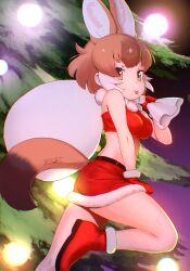 Rule 34 | 1girl, :p, animal ears, bare shoulders, belt, boots, brown hair, christmas, christmas tree, clothing cutout, commentary, crop top, dhole (kemono friends), dog ears, dog girl, dog tail, extra ears, from side, fur-trimmed boots, fur-trimmed gloves, fur-trimmed skirt, fur collar, fur trim, gloves, highres, kemono friends, long hair, looking at viewer, looking to the side, masuyama ryou, midriff, multicolored hair, red footwear, red gloves, red skirt, sack, santa costume, skirt, smile, solo, tail, tail through clothes, tongue, tongue out, two-tone hair, white hair