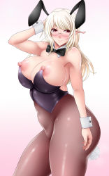 Rule 34 | 1girl, animal ears, blonde hair, bow, bowtie, breasts, cleavage, covered erect nipples, curvy, fake animal ears, glasses, huge breasts, leotard, long hair, looking at viewer, nipples, playboy bunny, pointy ears, rabbit ears, saogokushi, simple background, smile, solo, white background
