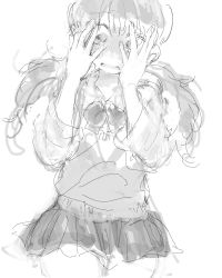 Rule 34 | 1girl, bad drawr id, bad id, blush, bow, bowtie, copyright request, crying, crying with eyes open, curly hair, dot nose, drawr, gnsi, greyscale, hands on own face, hands up, long hair, long sleeves, miniskirt, monochrome, oekaki, open mouth, pleated skirt, raised eyebrows, school uniform, shaded face, simple background, sketch, skirt, solo, tears, twintails, v-neck, wavy eyebrows, wavy mouth, white background, wing collar