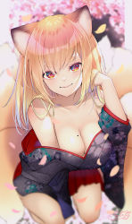Rule 34 | 1girl, animal ears, bare shoulders, between legs, black kimono, blonde hair, blurry, blurry background, breasts, chita (ketchup), cleavage, closed mouth, depth of field, floral print, fox ears, fox girl, fox tail, hand between legs, hand in own hair, hand up, highres, japanese clothes, kimono, long hair, medium breasts, mole, mole on breast, off shoulder, original, petals, pleated skirt, print kimono, red eyes, red skirt, seiza, short eyebrows, signature, sitting, skirt, smile, solo, tail, thick eyebrows