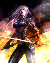 Rule 34 | 1girl, 89g, armor, belt, dc comics, dual wielding, eyepatch, female focus, fire, gloves, holding, long hair, looking at viewer, ravager, rose wilson, scale armor, smoke, solo, sword, weapon, white hair