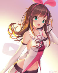 Rule 34 | 1girl, :d, arm up, bad id, bad pixiv id, bare shoulders, blush, breasts, brown hair, collarbone, commentary, dduck kong, detached sleeves, green eyes, hair ribbon, highres, kizuna ai, kizuna ai inc., long hair, long sleeves, looking at viewer, medium breasts, multicolored hair, navel, open mouth, pink hair, pink ribbon, play button, ribbon, round teeth, shirt, shorts, sleeveless, sleeveless shirt, sleeves past wrists, smile, solo, streaked hair, teeth, upper teeth only, very long hair, virtual youtuber, white shirt, white shorts