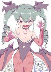 Rule 34 | 10s, 3girls, absurdres, anchovy (girls und panzer), bat wings, blush, blush stickers, bob (you-u-kai), breasts, capcom, carpaccio (girls und panzer), chinese clothes, claws, cleavage, cleavage cutout, closed eyes, clothing cutout, commentary request, cosplay, detached sleeves, fake wings, fangs, girls und panzer, green hair, hair between eyes, hair ribbon, hands up, head wings, highres, lei lei, lei lei (cosplay), leotard, lin-lin, lin-lin (cosplay), long hair, morrigan aensland, morrigan aensland (cosplay), multiple girls, ofuda, ofuda on clothes, open mouth, pantyhose, pepperoni (girls und panzer), ribbon, small breasts, sweatdrop, translation request, twintails, vampire (game), wings