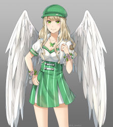 Rule 34 | 1girl, angel wings, annabel-m, blonde hair, blush, breasts, cleavage, closed mouth, commission, contrapposto, feathered wings, flower, gradient background, green eyes, green hat, green skirt, grey background, hat, high-waist skirt, jewelry, long hair, looking at viewer, medium breasts, necklace, original, player character (mabinogi), puffy short sleeves, puffy sleeves, short sleeves, skirt, smile, solo, standing, thighhighs, twitter username, wings, wristband