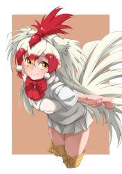 Rule 34 | 1girl, absurdres, arms behind back, bird girl, bird wings, blush, boots, bow, bowtie, chicken (kemono friends), cowboy shot, head wings, highres, kemono friends, long hair, looking at viewer, multicolored hair, orange eyes, pleated skirt, red bow, red bowtie, red hair, shirt, short sleeves, skirt, solo, t-shirt, tanabe (fueisei), thigh boots, thighhighs, two-tone hair, white hair, white shirt, white skirt, wings, yellow footwear