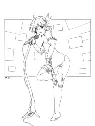 Rule 34 | 1girl, anus, ass, barefoot, breasts, cleft of venus, feet, full body, graphite (medium), greyscale, harumachi nagaaki, highres, bridal garter, microphone, monochrome, nipples, nude, open mouth, original, panties, panties around leg, pussy, small breasts, soles, solo, standing, standing on one leg, toes, traditional media, uncensored, underwear, undressing