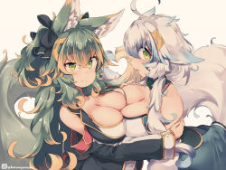 Rule 34 | 2girls, animal ear fluff, animal ears, asymmetrical docking, black sleeves, blue hair, breast press, breasts, cleavage, commentary request, detached sleeves, green eyes, green hair, kuromiya, kuromiya raika, large breasts, looking at viewer, multicolored hair, multiple girls, orange hair, original, shiromiya asuka, simple background, smile, two-tone hair, white hair, white sleeves, yellow background