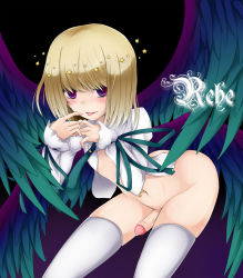 Rule 34 | 1boy, androgynous, ass, bad id, bad pixiv id, beatmania, beatmania iidx, bent over, blonde hair, blush, bottomless, character name, cum, foreskin, halo, legs, long sleeves, looking at viewer, male focus, mars symbol, multiple wings, navel, navel piercing, necktie, penis, piercing, precum, purple eyes, rche (beatmania), shimo (depthbomb), shiny skin, short hair, solo, standing, star (symbol), thighhighs, tongue, trap, white thighhighs, wings