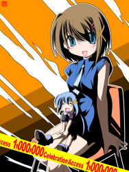 Rule 34 | 00s, 2girls, :d, bare shoulders, blue dress, blue eyes, blush, brown hair, dress, hair ornament, kei (fortune), looking at viewer, lyrical nanoha, mahou shoujo lyrical nanoha, mahou shoujo lyrical nanoha strikers, milestone celebration, mini person, minigirl, multiple girls, on lap, open mouth, reinforce zwei, sitting, size difference, sleeveless, sleeveless dress, smile, tareme, text focus, x hair ornament, yagami hayate