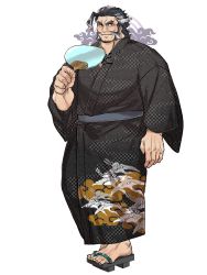 Rule 34 | 1boy, arm at side, beard, black kimono, brown eyes, daikoku (housamo), facial hair, forked eyebrows, full body, halo, halo behind head, hand fan, highres, holding, holding fan, japanese clothes, kimono, looking at viewer, male focus, multicolored hair, mustache, mutton chops, sandals, shiratori yokikana, short hair, sideburns, simple background, solo, thick eyebrows, tokyo houkago summoners, two-tone hair, white background, white hair
