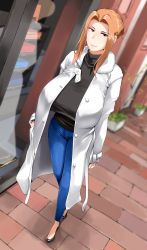 Rule 34 | 1girl, absurdres, black sweater, blue pants, breasts, brick floor, coat, from above, grey eyes, hair bun, highres, huge breasts, large breasts, light brown hair, nypaon, open clothes, open coat, original, outdoors, pants, sidelocks, sleeves past wrists, solo, storefront, sweater, tachibana kyouka (jin), white coat