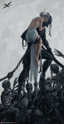 Rule 34 | 1girl, 1other, backless dress, backless outfit, barefoot, blood, carrying, chain, dress, english text, closed eyes, facing away, flower, ghostblade, grey hair, hair flower, hair ornament, highres, injury, making-of available, patreon username, pointy ears, short hair, skeleton, watermark, web address, white dress, wlop