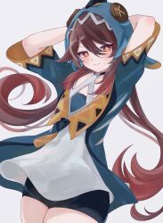 1girl alternate_costume amina_(genshin_impact) arms_behind_head arms_up black_shorts blue_jacket blush brown_hair closed_mouth engasaki_sakura flower-shaped_pupils genshin_impact hair_between_eyes highres hu_tao_(genshin_impact) jacket long_hair long_sleeves looking_at_viewer red_eyes shirt shorts smile solo symbol-shaped_pupils very_long_hair white_shirt