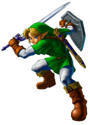 Rule 34 | 1boy, absurdres, boots, green shirt, hat, highres, link, male focus, master sword, nintendo, official art, pointy ears, scabbard, shield, solo, sword, the legend of zelda, the legend of zelda: ocarina of time, weapon