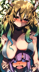 Rule 34 | 1boy, 1girl, absurdres, age difference, artist request, bikini, blush, breasts, embarrassed, hetero, heterochromia, highres, kobayashi-san chi no maidragon, long hair, lucoa (maidragon), magatsuchi shouta, nipples, shot, size difference, slingshot swimsuit, smile, swimsuit, very long hair, wide hips