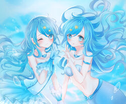 Rule 34 | 2girls, absurdres, air bubble, armlet, blue background, blue dress, blue eyes, blue gloves, blue hair, breasts, bubble, chimy, cleavage, day, dress, gloves, hair ornament, heart, heart hands, heart hands duo, highres, holding hands, houshou hanon, jewelry, long hair, medium breasts, mermaid, mermaid melody pichi pichi pitch, monster girl, multiple girls, navel, necklace, one eye closed, outdoors, shell, shell necklace, star (symbol), star hair ornament, sunlight, underwater