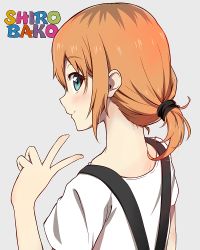 Rule 34 | 10s, 1girl, blue eyes, blush, brown hair, copyright name, looking back, miyamori aoi, nape, ponytail, shirobako, short hair, short ponytail, smile, solo, sunuu (miya), suspenders, v