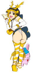 Rule 34 | 1girl, ass, bad id, bad pixiv id, blonde hair, brown eyes, chiba toshirou, food, helmet, ice cream, legs, looking back, onegai! ranking, onegai yellow, open mouth, panties, rabbit, sandals, sketch, smile, solo, striped clothes, striped thighhighs, thighhighs, thong, underwear
