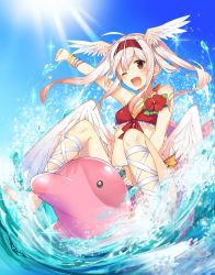 Rule 34 | 10s, 1girl, ange vierge, angel, arm up, bikini, blue sky, bracelet, collarbone, day, elel (ange vierge), feathered wings, floatie, flower, hairband, head wings, highres, inflatable toy, jewelry, long hair, mishima kurone, official art, one eye closed, open mouth, outdoors, pink hair, red bikini, red eyes, sky, smile, solo, splashing, sunlight, swimsuit, water, wings