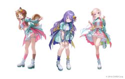 Rule 34 | 1st generation (hololive indonesia), 3girls, :d, ;d, airani iofifteen, animal ears, aqua gemstone, aqua hair, arm support, asymmetrical legwear, asymmetrical sleeves, ayunda risu, back bow, badge, beads, blonde hair, blue shirt, blue skirt, blue socks, blush, bow, bow skirt, breasts, brown hair, brown shirt, brown skirt, brown socks, closed mouth, color coordination, colored inner hair, commentary, commentary request, company name, copyright notice, cropped shirt, cross-laced footwear, dot nose, double-parted bangs, double finger heart, english commentary, finger heart, fingernails, flower, frilled skirt, frills, from side, full body, garter straps, gingham shirt, gradient hair, green bow, green eyes, green flower, green nails, green ribbon, green shirt, green shorts, green skirt, green sleeves, green socks, grey ribbon, hair bow, hair bun, hair flower, hair ornament, hair ribbon, hair tie, hairclip, half-skirt, hand up, hands up, high-waist skirt, high heel sneakers, highres, hololive, hololive idol uniform (bright), hololive indonesia, idol, idol clothes, knees together feet apart, layered sleeves, leaning forward, leg up, lineup, long hair, long sleeves, looking at viewer, looking down, looking to the side, low twintails, matsuo shogo, medium breasts, midriff, mismatched legwear, mismatched sleeves, mismatched socks, mixed-language commentary, moona hoshinova, multicolored clothes, multicolored hair, multicolored shirt, multicolored shorts, multicolored skirt, multiple girls, nail polish, official art, one eye closed, open mouth, overskirt, paint splatter, paint splatter on face, palette hair ornament, pigeon-toed, pink hair, pink shirt, pink shorts, pink skirt, pink socks, pink wristband, plaid, plaid bow, plaid ribbon, plaid skirt, plaid sleeves, pom pom (clothes), pom pom hair ornament, puffy short sleeves, puffy sleeves, purple eyes, purple hair, purple shirt, purple skirt, purple socks, red ribbon, ribbon, shirt, short over long sleeves, short sleeves, shorts, side ponytail, sidelocks, simple background, single side bun, skirt, smile, socks, sparkle print, squirrel ears, squirrel girl, squirrel tail, standing, standing on one leg, starry hair, striped bow, swept bangs, tachi-e, tail, teeth, thigh strap, twintails, two-sided fabric, two-sided skirt, uneven sleeves, uniform, upper teeth only, virtual youtuber, waist ribbon, white background, white bow, white flower, white footwear, white shirt, white shorts, white skirt, wrist bow, wristband, yellow bow, yellow skirt, yellow socks