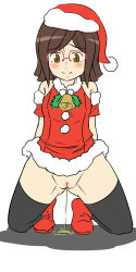 Rule 34 | 10s, 1girl, bell, black thighhighs, blush, boots, brown eyes, brown hair, cleft of venus, female focus, glasses, gundam, gundam build fighters, hat, highres, kneeling, kousaka china, no panties, peeing, pussy, rountain, santa boots, santa costume, santa hat, shadow, short hair, simple background, smile, solo, thighhighs, uncensored, white background