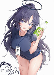 Rule 34 | 1boy, 1girl, absurdres, doodle sensei (blue archive), black hair, black shirt, blue archive, blue buruma, blue eyes, blush, bottle, breasts, buruma, commentary request, facial mark, gluteal fold, grey background, hair between eyes, halo, hand up, highres, holding, holding bottle, lanyard, leaning forward, long hair, looking at viewer, medium breasts, official alternate costume, open mouth, parted bangs, ponytail, purple hair, sensei (blue archive), shirt, short sleeves, silver (chenwen), simple background, solo, solo focus, star (symbol), sweat, thigh gap, very long hair, water bottle, yuuka (blue archive), yuuka (track) (blue archive)