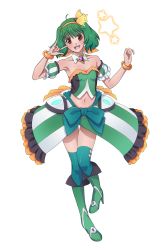 Rule 34 | 10s, 1girl, \m/, ahoge, bangle, bare shoulders, boots, bracelet, breasts, collarbone, detached collar, detached sleeves, frills, green hair, headband, high heel boots, high heels, highres, jewelry, kata-kori, looking at viewer, macross, macross delta, macross frontier, midriff, navel, open mouth, ranka lee, red eyes, short hair, small breasts, smile, solo, standing, standing on one leg, strapless, striped