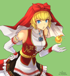 Rule 34 | 1girl, :o, apple, apron, bare shoulders, belt, black dress, blonde hair, blue eyes, domosansan, dress, elbow gloves, floating, floating object, food, fruit, gloves, golden apple, green background, hand on own hip, highres, idunn (megami tensei), looking at viewer, multicolored clothes, red dress, shin megami tensei, shin megami tensei v, short hair, simple background, solo, veil, waist apron, white apron, white gloves, yellow belt