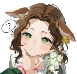 Rule 34 | 2girls, ?, animal ears, blonney, blush, bracelet, brown hair, closed mouth, commentary, deer ears, dress, ear tag, female pov, flower, green eyes, hair flower, hair ornament, highres, jessica (reverse:1999), jewelry, kohaku tsuyu, long hair, looking at viewer, multiple girls, pink nails, pout, pov, reverse:1999, simple background, sparkle, spoken question mark, white background, white dress, white flower