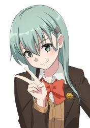 Rule 34 | 1girl, aqua eyes, aqua hair, blazer, bow, bowtie, brown jacket, commentary request, hair between eyes, hair ornament, hairclip, highres, jacket, kantai collection, long hair, long sleeves, looking at viewer, porupurucha, red bow, red bowtie, school uniform, simple background, smile, solo, suzuya (kancolle), sweater vest, upper body, v, white background