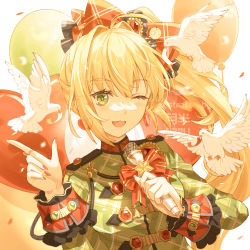 Rule 34 | 1girl, ;d, ahoge, animal, balloon, bird, blonde hair, braid, breasts, fate/grand order, fate (series), french braid, green eyes, green shirt, hair between eyes, hair intakes, hair ornament, jewelry, large breasts, long hair, long sleeves, looking at viewer, nail polish, nero claudius (fate), nero claudius (fate) (all), nero claudius (fate/extra), nero claudius (lostroom outfit) (fate), official alternate costume, one eye closed, open mouth, orange skirt, red nails, shirt, side ponytail, skirt, smile, solo, teatix, upper body