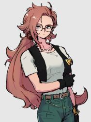 Rule 34 | 1girl, alternate hairstyle, android 18, android 18 (cosplay), android 21, belt, black gloves, blue eyes, brown belt, cosplay, dragon ball, dragon ball fighterz, dragonball z, earrings, glasses, gloves, grey background, hoop earrings, jewelry, kemachiku, long hair, looking at viewer, necklace, pants, ponytail, red hair, shirt, short sleeves, simple background, solo, white shirt