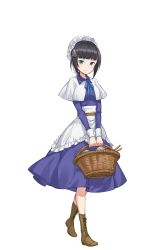 Rule 34 | 1girl, basket, black hair, blue eyes, blunt bangs, boots, brown footwear, capelet, cross-laced footwear, full body, hair ornament, hat, highres, holding, holding basket, josie rosebud, lace-up boots, looking at viewer, maid cap, mob cap, mole, mole under eye, official art, princess principal, princess principal game of mission, short hair, smile, solo, standing, transparent background, yarn, yarn ball