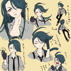 Rule 34 | 1girl, ahoge, androgynous, black gloves, black necktie, black pants, bright pupils, clapping, closed eyes, closed mouth, collared shirt, creatures (company), earrings, game freak, gloves, green hair, grey shirt, hair down, highres, jewelry, long hair, moshi2hitomoshi, necktie, nintendo, one eye closed, pants, pokemon, pokemon sv, ponytail, red eyes, rika (pokemon), shirt, simple background, smile, suspenders, waving, white pupils