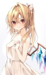 Rule 34 | 1girl, blonde hair, blush, closed mouth, collarbone, crystal, dress, fingerless gloves, flandre scarlet, flat chest, gloves, hair between eyes, highres, long hair, looking at viewer, one side up, red eyes, signature, simple background, sleeveless, sleeveless dress, solo, touhou, twitter username, upper body, white background, white dress, wings, yuineko