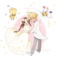 Rule 34 | artist name, bird, blonde hair, braid, braided ponytail, breasts, bridal veil, bride, brown hair, chick, chocobo, closed eyes, dated, dress, falling petals, final fantasy, final fantasy vii, final fantasy vii remake, flower, full body, green eyes, grey pants, groom, hair flower, hair ornament, happy tears, holding hands, husband and wife, instrument, jacket, krudears, long dress, long hair, looking at another, medium breasts, moogle, music, musical note, open mouth, pants, parted bangs, petals, playing instrument, short hair, sidelocks, signature, spiked hair, suit jacket, tears, twitter username, veil, watermark, web address, wedding, wedding dress, white background, white dress, white jacket