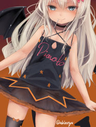 Rule 34 | 1girl, akino shuu, aqua eyes, black dress, black thighhighs, black wings, blonde hair, blush, bow, closed mouth, clothes writing, collarbone, cowboy shot, demon tail, demon wings, dress, gradient background, grecale (kancolle), hair bow, kantai collection, long hair, official alternate costume, orange background, pink bow, single thighhigh, smile, solo, tail, thighhighs, twitter username, wings