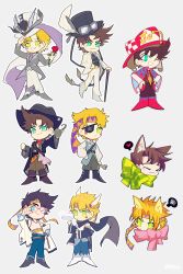 Rule 34 | :3, absurdres, alternate costume, animal ears, ascot, bandana, battle tendency, blonde hair, blue eyes, boots, bow, blowing bubbles, caesar anthonio zeppeli, cane, cat ears, chibi, coat, costume chart, denim, eyepatch, flower, formal, goggles, goggles on headwear, green eyes, green scarf, hat, headband, heart, heart-shaped eyewear, highres, hook hand, jeans, jojo no kimyou na bouken, joseph joestar, joseph joestar (young), kemonomimi mode, multicolored clothes, multicolored scarf, necktie, off shoulder, one eye closed, padded coat, padded hat, pants, pickieeeee, pirate, pirate hat, rose, scarf, scarf bow, spoken heart, striped clothes, striped scarf, suit, suspenders, top hat, triangle print, tuxedo, vertical-striped clothes, vertical-striped scarf, wrench, yellow scarf