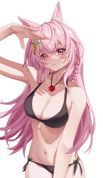 Rule 34 | 1girl, absurdres, animal ears, arknights, arm up, bare arms, bare shoulders, bikini, black bikini, cloud, commentary request, cowboy shot, ederh, hair ornament, highres, long hair, looking at viewer, navel, pink eyes, pink hair, pozyomka (arknights), side-tie bikini bottom, simple background, solo, standing, stomach, swimsuit, very long hair, white background, wolf ears
