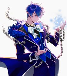 Rule 34 | 1boy, blue hair, blue pants, blue vest, bow, chain, ciel (elsword), earrings, elf, elsword, fur trim, highres, jewelry, male focus, pants, pointy ears, solo, standing, vest, white background, white bow, yuushi