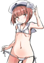 Rule 34 | 1girl, bikini, breasts, brown eyes, brown hair, clothes writing, cowboy shot, dress, fuji (pixiv24804665), groin, hat, highres, kantai collection, looking at viewer, lowleg, lowleg bikini, sailor bikini, sailor collar, sailor dress, sailor hat, short hair, side-tie bikini bottom, simple background, small breasts, smile, smiley face, solo, swimsuit, white background, white bikini, white hat, white sailor collar, z3 max schultz (kancolle)