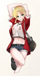 Rule 34 | 1girl, arms behind head, bad id, bad pixiv id, bag, blonde hair, blush, boots, cutoff jeans, cutoffs, fate/apocrypha, fate/grand order, fate (series), green eyes, hair ornament, hair scrunchie, highres, jacket, jewelry, kamoboko, leg up, looking at viewer, mordred (fate), mordred (fate/apocrypha), mordred (memories at trifas) (fate), necklace, open clothes, open jacket, print shirt, red jacket, satchel, scrunchie, shirt, short shorts, shorts, solo