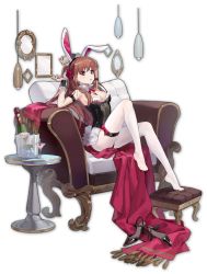 Rule 34 | atarashi ako, black leotard, brown eyes, brown hair, couch, footstool, frills, hair ornament, high heels, highres, leaning back, leotard, looking at viewer, mahjong soul, official alternate costume, official art, on couch, pantyhose, rabbit hair ornament, rabbit tail, saki, saki achiga-hen, tail