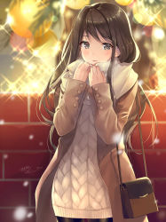 Rule 34 | 1girl, aran sweater, bag, black pantyhose, blurry, blurry background, blush, breath, brick wall, brown coat, brown eyes, brown hair, cable knit, coat, commentary request, depth of field, enpera, handbag, hands up, kagachi saku, long hair, long sleeves, looking at viewer, open clothes, open coat, original, pantyhose, parted lips, scarf, shoulder bag, signature, sleeves past wrists, solo, sparkle, sweater, very long hair, white scarf, white sweater
