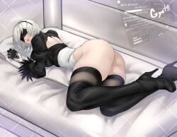 Rule 34 | 1girl, 2b (nier:automata), artist name, ass, back cutout, black blindfold, black gloves, black hairband, black shirt, black thighhighs, blindfold, boots, breasts, clothing cutout, covered eyes, feather trim, gabriel carrasquillo, gloves, hairband, high heel boots, high heels, juliet sleeves, leotard, long sleeves, lying on person, medium breasts, mole, mole under mouth, nier:automata, nier (series), on bed, parted lips, puffy sleeves, shirt, short hair, skindentation, solo, thick thighs, thighhighs, thighhighs under boots, thighs, white hair, white leotard
