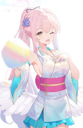 Rule 34 | 1girl, ;d, alternate costume, armpits, blue archive, blue skirt, blush, breasts, collarbone, cotton candy, detached sleeves, flower, hair flower, hair ornament, halo, highres, japanese clothes, kimono, large breasts, looking at viewer, medium breasts, mika (blue archive), obi, one eye closed, open mouth, pink hair, ponytail, rorokaede, sash, sideboob, simple background, skirt, smile, solo, white background, white kimono